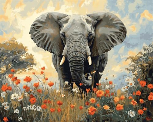 Taxpy DIY Malen-Nach-Zahlen（Kein Rahmen） 50x70cm Cartoon Elefant Und Blumen Digitales Malen Auf Leinwand，Acrylpigment-Sets Für Die Wanddekoration Für Zuhause Als Geschenk von Taxpy