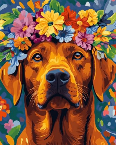 Taxpy DIY Malen-Nach-Zahlen（Kein Rahmen） 50x70cm Cartoon-Hund Mit Blumen Malen Nach Zahlen Für Erwachsene，Anfänger，Mal-Sets Auf Leinwand，Kreative Freizeitgestaltung Für Erwachsene，Heimdekoration von Taxpy