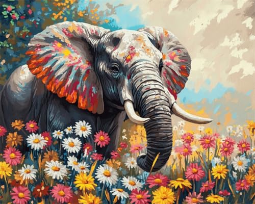 Taxpy DIY Malen-Nach-Zahlen（Kein Rahmen） 50x70cm Elefantentier Und Bunte Gänseblümchen Malen-Nach-Zahlen-Sets Für Erwachsene，Einfaches Acrylpigment，Zeichnung，Malerei，Wanddekoration Für Zuhause von Taxpy