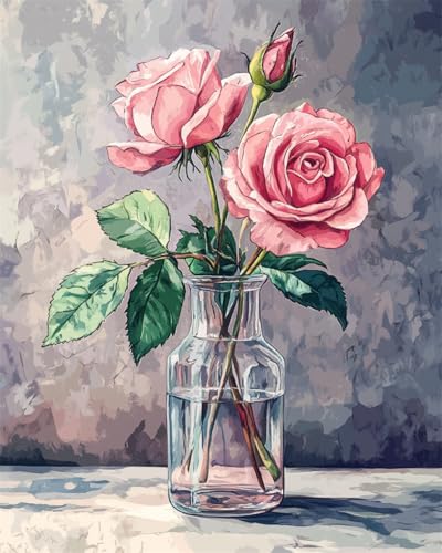 Taxpy DIY Malen-Nach-Zahlen（Kein Rahmen） 50x70cm Rosa Rosen In Der Vase Malen Nach Zahlen Für Erwachsene，Anfänger，Ölgemälde-Set Auf Leinwand，Wanddekoration Für Zuhause Und Das Büro von Taxpy