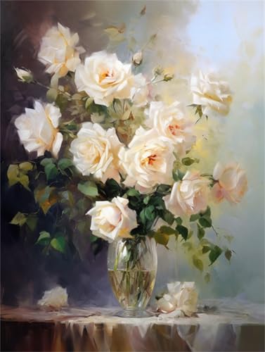 Taxpy DIY Malen-Nach-Zahlen（Kein Rahmen） 50x70cm Weiße Rosen In Der Vase Digitales Malen Nach Zahlen Auf Leinwand Für Anfänger，Erwachsene，Als Geschenk，Wanddekoration Für Zuhause von Taxpy