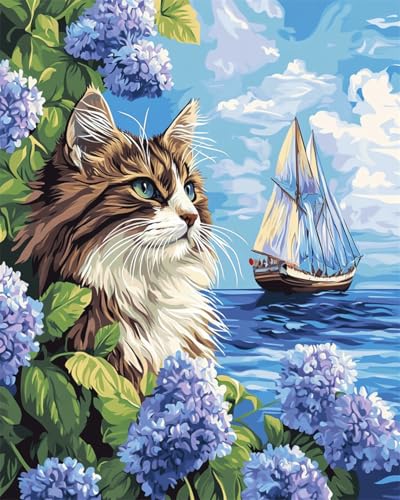Taxpy DIY Malen Nach Zahlen Pinsel Set（Diy-Rahmen） 30x40cm Blumen Und Katzen Am Meer Ölgemälde-Sets Auf Leinwand Mit Pinseln Und Acrylpigment，Für Die Heimdekoration von Taxpy