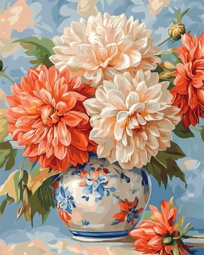 Taxpy DIY Malen Nach Zahlen Pinsel Set（Diy-Rahmen） 30x40cm Bunte Dahlien In Einer Vase Malen Nach Zahlen Für Erwachsene，Anfänger，Ölgemälde-Set Auf Leinwand，Wanddekoration Für Zuhause Und Das Büro von Taxpy