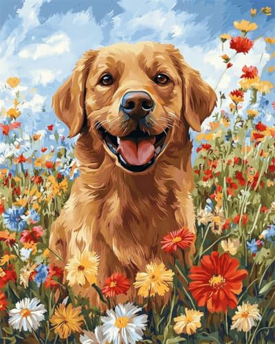 Taxpy DIY Malen Nach Zahlen Pinsel Set（Diy-Rahmen） 30x40cm Cartoon-Hund Und Blumen Digitales Malen Nach Zahlen Auf Leinwand Für Anfänger，Erwachsene，Als Geschenk，Wanddekoration Für Zuhause von Taxpy