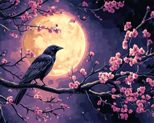 Taxpy DIY Malen Nach Zahlen Pinsel Set（Diy-Rahmen） 30x40cm Krähe Tier Und Mond Malen-Nach-Zahlen-Sets Für Erwachsene，Einfaches Acrylpigment，Zeichnung，Malerei，Wanddekoration Für Zuhause von Taxpy