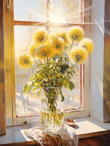 Taxpy DIY Malen Nach Zahlen Pinsel Set（Diy-Rahmen） 30x40cm Löwenzahnblüten In Der Vase Ölgemälde-Sets Auf Leinwand Mit Pinseln Und Acrylpigment，Für Die Heimdekoration von Taxpy