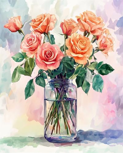 Taxpy DIY Malen Nach Zahlen Pinsel Set（Diy-Rahmen） 30x40cm Orangefarbene Rosen In Der Vase Malen-Nach-Zahlen-Set，Dekorative Gemälde Für Erwachsene Und Kinder Und Kinder von Taxpy