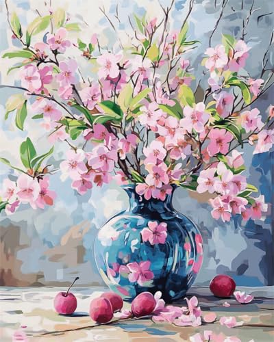 Taxpy DIY Malen Nach Zahlen Pinsel Set（Diy-Rahmen） 30x40cm Rosa Pfirsichblüten In Der Vase Malen Nach Zahlen Für Erwachsene，Anfänger，Ölgemälde-Set Auf Leinwand，Wanddekoration Für Zuhause Und Das Büro von Taxpy