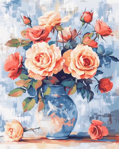 Taxpy DIY Malen Nach Zahlen Pinsel Set（Diy-Rahmen） 30x40cm Rosa Rosen In Der Vase Malen-Nach-Zahlen-Set，Dekorative Gemälde Für Erwachsene Und Kinder Und Kinder von Taxpy