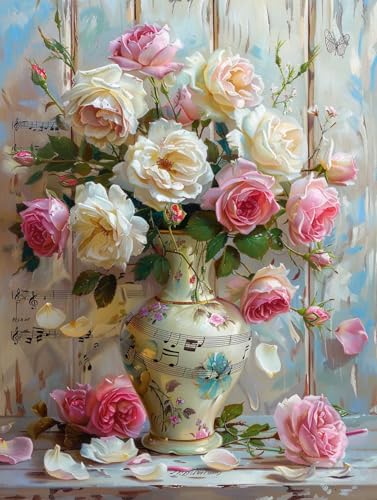 Taxpy DIY Malen Nach Zahlen Pinsel Set（Diy-Rahmen） 30x40cm Rosen In Einer Vase Ölgemälde-Set Auf Leinwand，Malen Nach Zahlen，Vintage，Wanddekoration Für Zuhause Und Das Büro von Taxpy