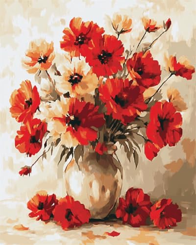 Taxpy DIY Malen Nach Zahlen Pinsel Set（Diy-Rahmen） 30x40cm Rote Blumen In Der Vase Malen-Nach-Zahlen-Sets Für Erwachsene，Einfaches Acrylpigment，Zeichnung，Malerei，Wanddekoration Für Zuhause von Taxpy