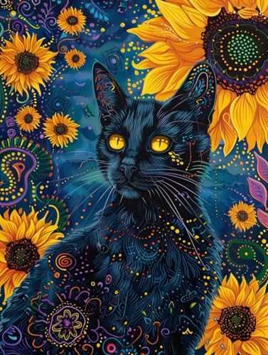 Taxpy DIY Malen Nach Zahlen Pinsel Set（Diy-Rahmen） 30x40cm Schwarzes Katzentier Und Sonnenblumen Digitales Malen Auf Leinwand，Acrylpigment-Sets Für Die Wanddekoration Für Zuhause Als Geschenk von Taxpy