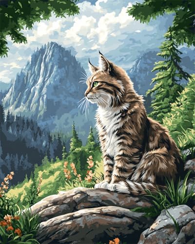 Taxpy DIY Malen Nach Zahlen Pinsel Set（Kein Rahmen） 40x50cm Bergwaldlandschaft Und Katzentiere Ölgemälde-Sets Auf Leinwand Mit Pinseln Und Acrylpigment，Für Die Heimdekoration von Taxpy