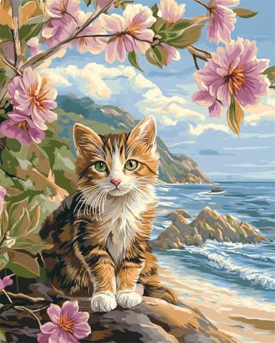 Taxpy DIY Malen Nach Zahlen Pinsel Set（Kein Rahmen） 40x50cm Blumen Und Katzen Am Meer Ölgemälde-Set Auf Leinwand，Malen Nach Zahlen，Vintage，Wanddekoration Für Zuhause Und Das Büro von Taxpy