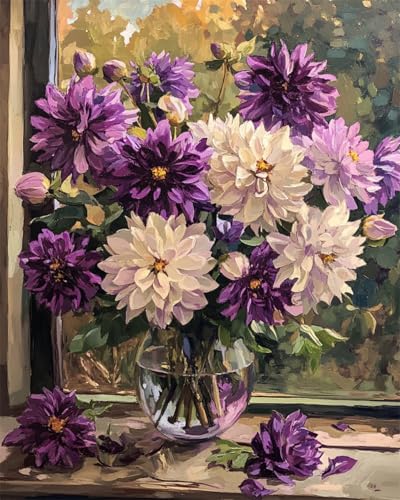 Taxpy DIY Malen Nach Zahlen Pinsel Set（Kein Rahmen） 40x50cm Lila Dahlien In Der Vase Digitales Malen Nach Zahlen Auf Leinwand Für Anfänger，Erwachsene，Als Geschenk，Wanddekoration Für Zuhause von Taxpy