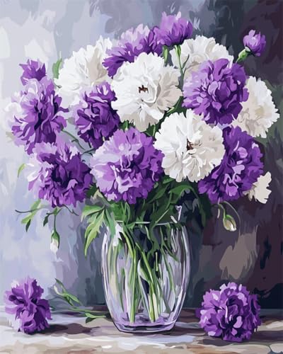 Taxpy DIY Malen Nach Zahlen Pinsel Set（Kein Rahmen） 40x50cm Lila Nelken In Der Vase Malen-Nach-Zahlen-Sets Für Erwachsene，Einfaches Acrylpigment，Zeichnung，Malerei，Wanddekoration Für Zuhause von Taxpy