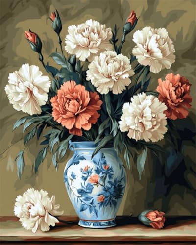 Taxpy DIY Malen Nach Zahlen Pinsel Set（Kein Rahmen） 40x50cm Nelkenblüten In Der Vase Ölgemälde-Sets Auf Leinwand Mit Pinseln Und Acrylpigment，Für Die Heimdekoration von Taxpy