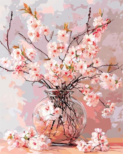 Taxpy DIY Malen Nach Zahlen Pinsel Set（Kein Rahmen） 40x50cm Rosa Pfirsichblüten In Der Vase Malen-Nach-Zahlen-Set，Dekorative Gemälde Für Erwachsene Und Kinder Und Kinder von Taxpy