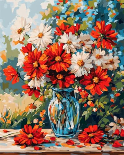 Taxpy DIY Malen Nach Zahlen Pinsel Set（Kein Rahmen） 40x50cm Rote Blumen In Der Vase Ölgemälde-Set Auf Leinwand，Malen Nach Zahlen，Vintage，Wanddekoration Für Zuhause Und Das Büro von Taxpy