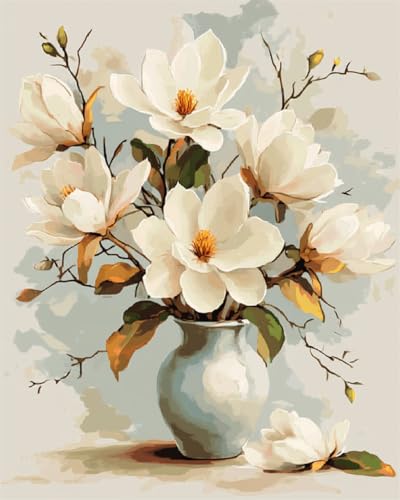 Taxpy DIY Malen Nach Zahlen Pinsel Set（Kein Rahmen） 40x50cm Weiße Magnolienblüten In Einer Vase Ölgemälde-Sets Auf Leinwand Mit Pinseln Und Acrylpigment，Für Die Heimdekoration von Taxpy