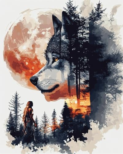 Taxpy DIY Malen Nach Zahlen Pinsel Set（Kein Rahmen） 40x50cm Wolf，Tier，Und，Wald Ölgemälde-Set Auf Leinwand，Malen Nach Zahlen，Vintage，Wanddekoration Für Zuhause Und Das Büro von Taxpy