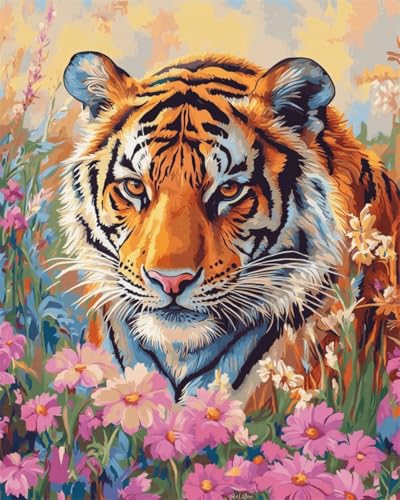 Taxpy DIY Malen Nach Zahlen Set（Diy-Rahmen） 50x70cm Cartoon-Tiger Und Blumen Malen-Nach-Zahlen-Sets，Ölgemälde-Set Auf Leinwand，Kunsthandwerk，Acrylpigment，Zeichnung，Malerei Als Geschenk，Wanddekoration von Taxpy