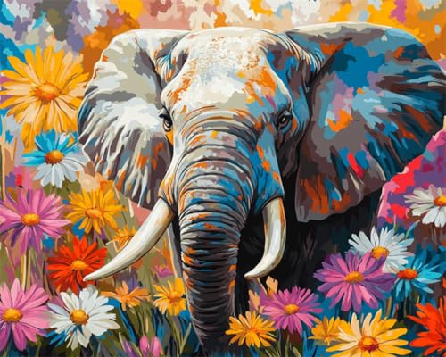 Taxpy DIY Malen Nach Zahlen Set（Diy-Rahmen） 50x70cm Elefantentier Und Bunte Gänseblümchen Digitales Malen Auf Leinwand，Acrylpigment-Sets Für Die Wanddekoration Für Zuhause Als Geschenk von Taxpy