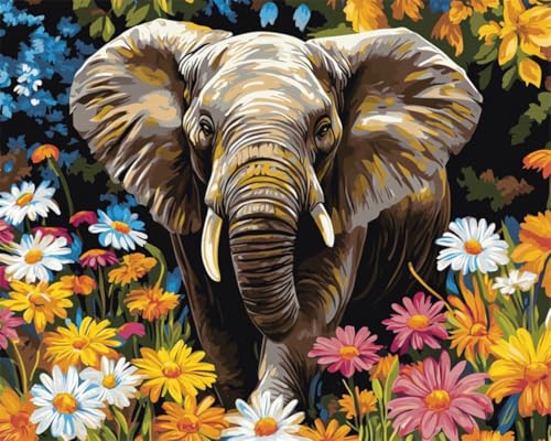 Taxpy DIY Malen Nach Zahlen Set（Diy-Rahmen） 50x70cm Elefantentier Und Bunte Gänseblümchen Ölgemälde-Sets Auf Leinwand Mit Pinseln Und Acrylpigment，Für Die Heimdekoration von Taxpy