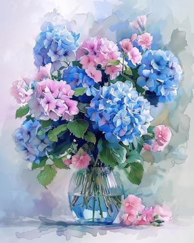 Taxpy DIY Malen Nach Zahlen Set（Diy-Rahmen） 50x70cm Hortensie In Einer Vase Malen Nach Zahlen Für Erwachsene，Anfänger，Mal-Sets Auf Leinwand，Kreative Freizeitgestaltung Für Erwachsene，Heimdekoration von Taxpy