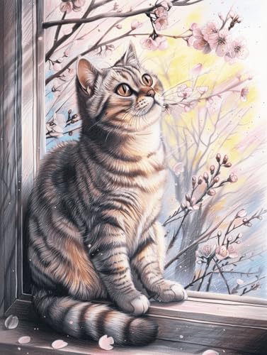 Taxpy DIY Malen Nach Zahlen Set（Diy-Rahmen） 50x70cm Katze Und Blumenbaum Am Fenster Malen-Nach-Zahlen-Set，Malen Nach Zahlen，Dekorative Gemälde Für Erwachsene Und Kinder von Taxpy
