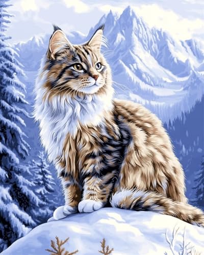 Taxpy DIY Malen Nach Zahlen Set（Diy-Rahmen） 50x70cm Schneeberglandschaft Und Katze Ölgemälde-Sets Auf Leinwand Mit Pinseln Und Acrylpigment，Für Die Heimdekoration von Taxpy