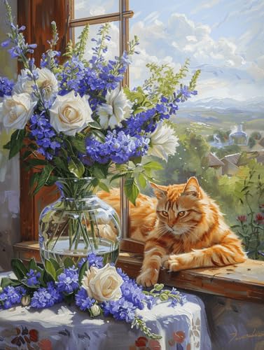 Taxpy DIY Malen Nach Zahlen Set（Diy-Rahmen） 50x70cm Vase Und Katze Am Fenster Malen-Nach-Zahlen-Set，Malen Nach Zahlen，Dekorative Gemälde Für Erwachsene Und Kinder von Taxpy