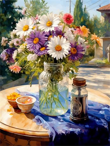 Taxpy DIY Malen Nach Zahlen Set（Kein Rahmen） 30x40cm Bunte Chrysanthemen In Einer Vase Malen-Nach-Zahlen-Sets Für Erwachsene，Einfaches Acrylpigment，Zeichnung，Malerei，Wanddekoration Für Zuhause von Taxpy