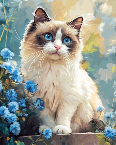 Taxpy DIY Malen Nach Zahlen Set（Kein Rahmen） 30x40cm Cartoon-Katze Und Blumen Malen Nach Zahlen Für Erwachsene，Anfänger，Ölgemälde-Set Auf Leinwand，Wanddekoration Für Zuhause Und Das Büro von Taxpy