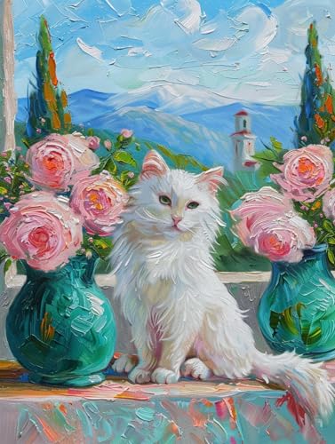 Taxpy DIY Malen Nach Zahlen Set（Kein Rahmen） 30x40cm Fensterbank Weiß Katze Tier Ölgemälde-Sets Auf Leinwand Mit Pinseln Und Acrylpigment，Für Die Heimdekoration von Taxpy