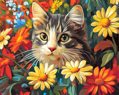 Taxpy DIY Malen Nach Zahlen Set（Kein Rahmen） 30x40cm Katzentier Und Bunte Chrysanthemen Ölgemälde-Sets Auf Leinwand Mit Pinseln Und Acrylpigment，Für Die Heimdekoration von Taxpy