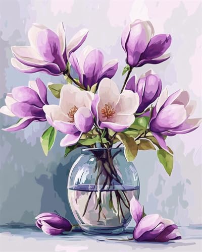 Taxpy DIY Malen Nach Zahlen Set（Kein Rahmen） 30x40cm Lila Magnolienblüten In Einer Vase Ölgemälde-Set Auf Leinwand，Malen Nach Zahlen，Vintage，Wanddekoration Für Zuhause Und Das Büro von Taxpy