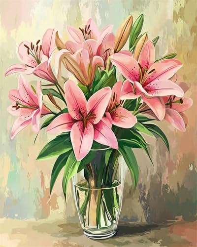 Taxpy DIY Malen Nach Zahlen Set（Kein Rahmen） 30x40cm Rosa Lilien In Der Vase Malen-Nach-Zahlen-Set，Dekorative Gemälde Für Erwachsene Und Kinder Und Kinder von Taxpy