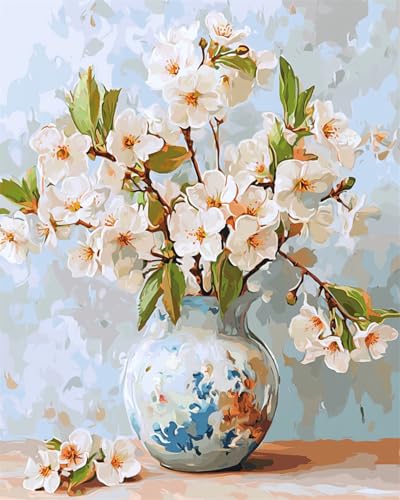 Taxpy DIY Malen Nach Zahlen Set（Kein Rahmen） 30x40cm Weiße Blumen In Der Vase Ölgemälde-Set Auf Leinwand，Malen Nach Zahlen，Vintage，Wanddekoration Für Zuhause Und Das Büro von Taxpy