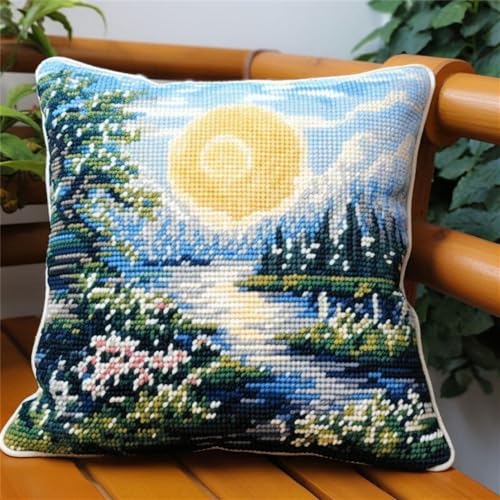 Taxpy DIY knüpfen set erwachsene kissen Berge und Flüsse, Sonnenlandschaft, DIY-Kissenbezug-Set, Kissenbezug-Bastelsets für Erwachsene mit bedruckter Leinwand 17x17in B von Taxpy