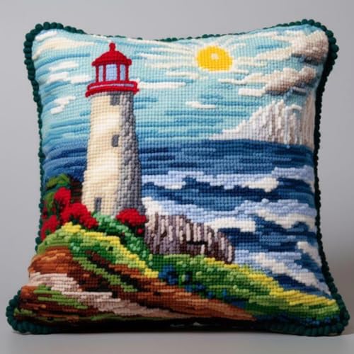 Taxpy Diy Knüpfen Set Anf?nger Leuchtturm Meerblick Kissenbezug/Kissenbezug Herstellungs-Kits Statement-Teppich，Riegelhaken-Kits Für Ein Starterprojekt 17X17In B von Taxpy