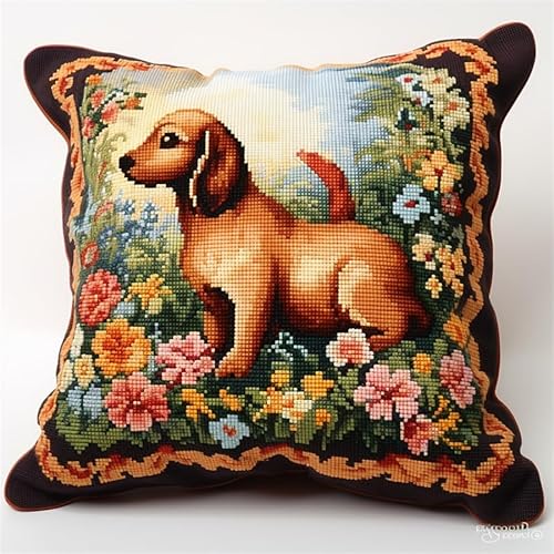 Taxpy Diy Knüpfkissen Mit Vordruck Hunde Und Blumentiere Verschlusshaken-Kits Für Erwachsene Diy-Kissenbezug Bastelset Vorgedrucktes Muster 17x17in von Taxpy