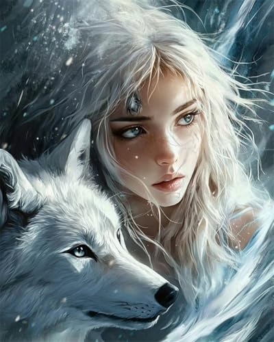 Taxpy Diy Kreuzstichset Mit Perlen Anime-Frau Und Weißer Wolf Perlenstickerei-Nadelspitzen-Set,Diy-Bastelset,Werkzeuge,Hobby-Kreuzstich-Sets 60x80cm von Taxpy
