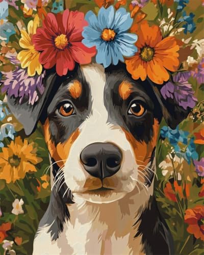 Taxpy Diy Kreuzstichset Mit Perlen Cartoon-Hund Mit Blumen Perlen-Kreuzstich-Stickset, Rocailles-Perlens, Nadelspitze, Handarbeit 50x70cm von Taxpy