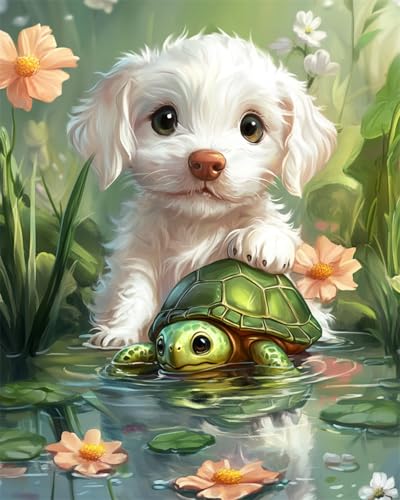Taxpy Diy Kreuzstichset Mit Perlen Cartoon-Hund Und Schildkröte Diy-Perlennadelspitze,Perlenstickerei,Kreuzstich-Sets,Stickset 50x70cm von Taxpy