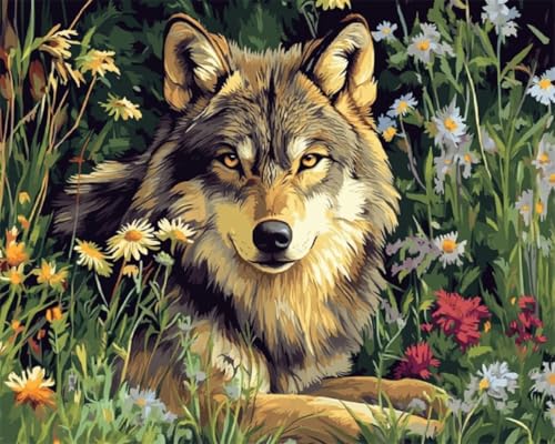 Taxpy Diy Kreuzstichset Mit Perlen Wolfstiere Und Blumen Perlen-Kreuzstich-Handstickerei-Set,Nadelkunst-Dekor 60x80cm von Taxpy