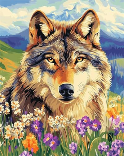 Taxpy Diy Perlenstickerei Set Cartoon-Wolf Und Blumen Diy-Perlenstickerei-Materialpaket, Handgefertigtes Stereoskopisches Foto, Ornament, Geschenk 30x40cm von Taxpy