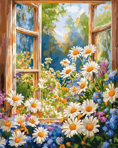 Taxpy Diy Perlenstickerei Set Gänseblümchen Am Fenster Perlen-Kreuzstich-Set, Perlenmuster, Handarbeit, Stickerei, Handarbeitsset 30x40cm von Taxpy