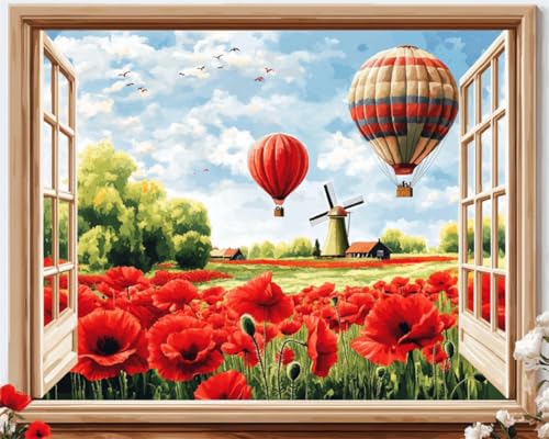 Taxpy Diy Perlenstickerei Set Rote Blumenfelder Und Windmühlen Diy-Perlenstickerei-Materialpaket, Handgefertigtes Stereoskopisches Foto, Ornament, Geschenk 30x40cm von Taxpy