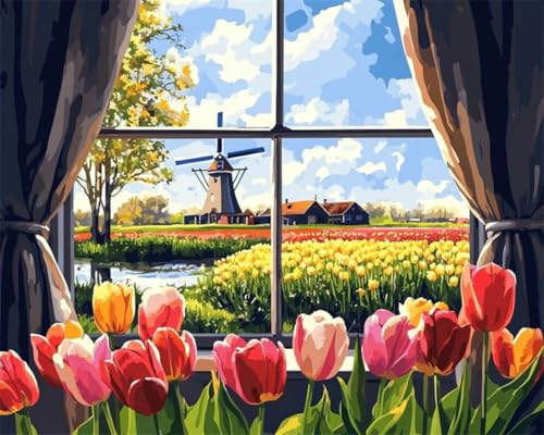 Taxpy Diy Stickbilder Erwachsene Blumenfelder Und Windmühlen Vor Dem Fenster Perlen-Kreuzstich-Stickset, Rocailles-Perlens, Nadelspitze, Handarbeit 40x50cm von Taxpy